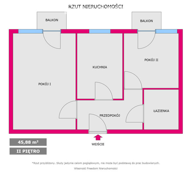 Dwa pokoje z dwoma balkonami - 1 piętro.