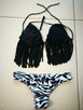 kostium kąpielowy dwuczęściowy bikini frędzle czarno-biały L - 2