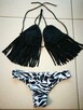 kostium kąpielowy dwuczęściowy bikini frędzle czarno-biały L - 3