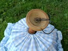 Lampa wisząca PRL retro z materiałowym kloszem niebieska kra