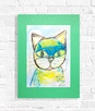 zielony rysunek pokój dziecięcy, kot obraz malowany ręcznie - 2